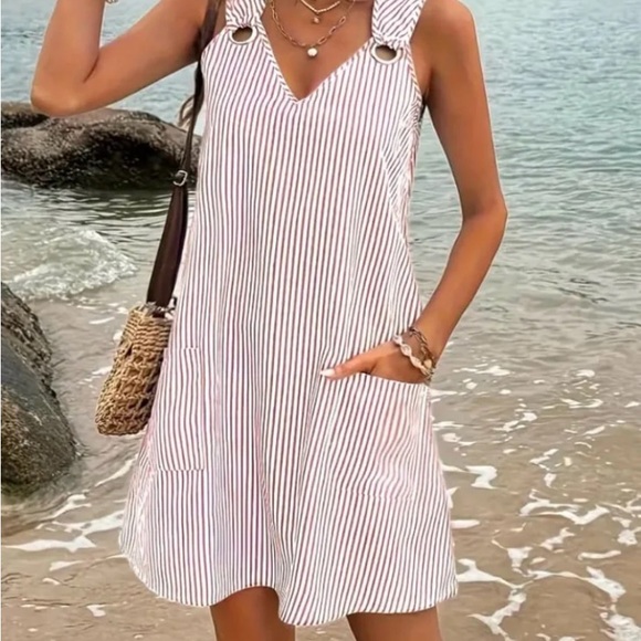 New! Women Sleeveless Red/White Striped Print Ring Decor Dress, Casual Pockets - Picture 7 of 10